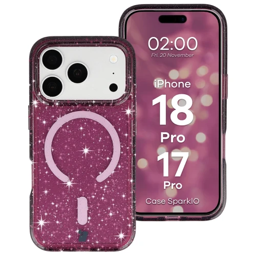 Etui brokatowe z pierścieniem magnetycznym Bizon Case SparklO do iPhone 18 Pro / 17 Pro, przezroczysto-burgundowe z brokatem (1/6)