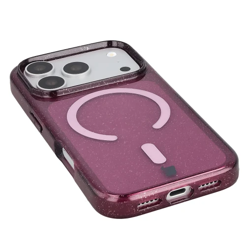 Etui brokatowe z pierścieniem magnetycznym Bizon Case SparklO do iPhone 18 Pro / 17 Pro, przezroczysto-burgundowe z brokatem (3/6)