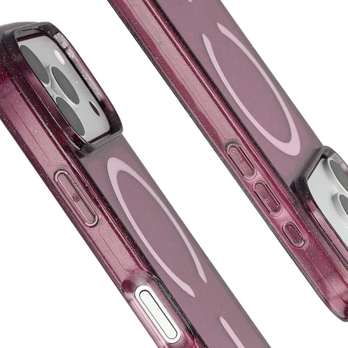 Etui brokatowe z pierścieniem magnetycznym Bizon Case SparklO do iPhone 18 Pro / 17 Pro, przezroczysto-burgundowe z brokatem (4/6)