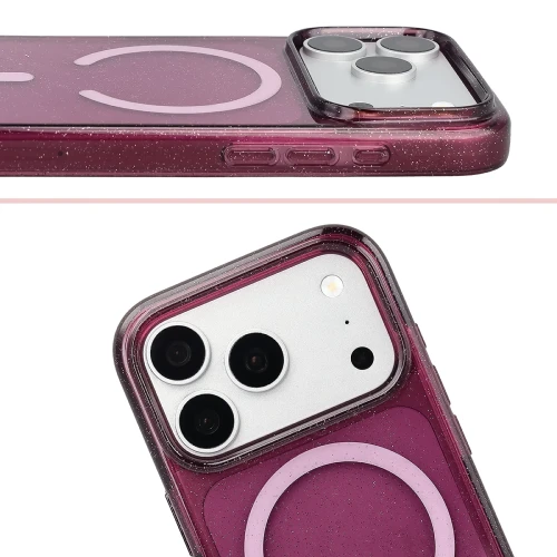 Etui brokatowe z pierścieniem magnetycznym Bizon Case SparklO do iPhone 18 Pro / 17 Pro, przezroczysto-burgundowe z brokatem (5/6)
