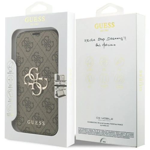Etui Guess Book 4G Metal Logo do iPhone 18 Pro / 17 Pro, brązowe
