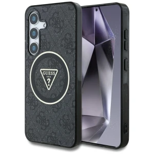 OUTLET: Etui Guess 4G Glitter Triangle Buttons do MagSafe do Galaxy S25, czarna ze złotymi elementami