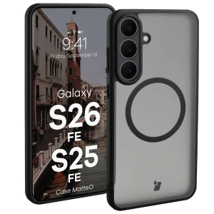 Etui z pierścieniem magnetycznym Bizon Case MatteO do Galaxy S26 FE / S25 FE, przydymione-czarne