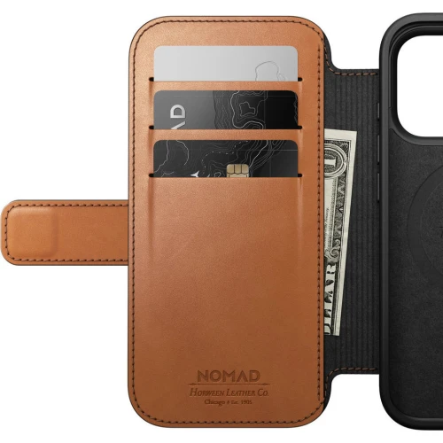 Etui z klapką Nomad Modern Leather Folio Horween Series do MagSafe, do iPhone 18 Pro / 17 Pro, jasnobrązowe (12/12)