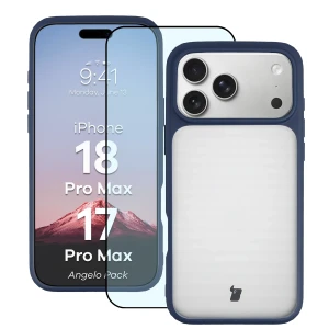 Etui + szkło hartowane Bizon Angelo Pack do iPhone 18 Pro Max / 17 Pro Max, półprzezroczyste z granatową ramką