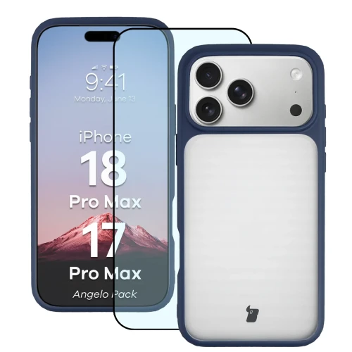 Etui + szkło hartowane Bizon Angelo Pack do iPhone 18 Pro Max / 17 Pro Max, półprzezroczyste z granatową ramką (1/8)