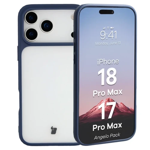 Etui + szkło hartowane Bizon Angelo Pack do iPhone 18 Pro Max / 17 Pro Max, półprzezroczyste z granatową ramką (3/8)