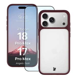Etui + szkło hartowane Bizon Angelo Pack do iPhone 18 Pro Max / 17 Pro Max, półprzezroczyste z burgundową ramką