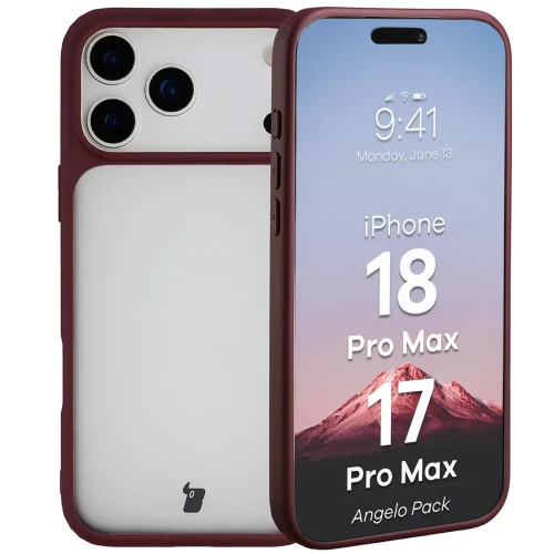 Etui + szkło hartowane Bizon Angelo Pack do iPhone 18 Pro Max / 17 Pro Max, półprzezroczyste z burgundową ramką (3/8)