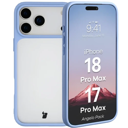 Etui + szkło hartowane Bizon Angelo Pack do iPhone 18 Pro Max / 17 Pro Max, półprzezroczyste z jasnoniebieską ramką (3/8)
