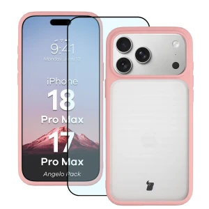 Etui + szkło hartowane Bizon Angelo Pack do iPhone 18 Pro Max / 17 Pro Max, półprzezroczyste z jasnoróżową ramką
