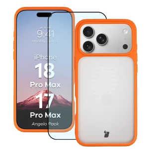 Etui + szkło hartowane Bizon Angelo Pack do iPhone 18 Pro Max / 17 Pro Max, półprzezroczyste z pomarańczową ramką