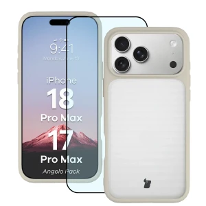 Etui + szkło hartowane Bizon Angelo Pack do iPhone 18 Pro Max / 17 Pro Max, półprzezroczyste z beżową ramką