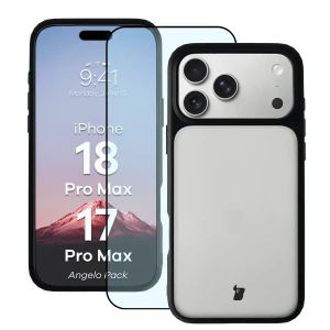 Etui + szkło hartowane Bizon Angelo Pack do iPhone 18 Pro Max / 17 Pro Max, przydymione z czarną ramką