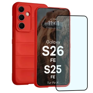 Pancerne etui + szkło hartowane Bizon Tur Pack do Galaxy S26 FE / S25 FE, czerwone