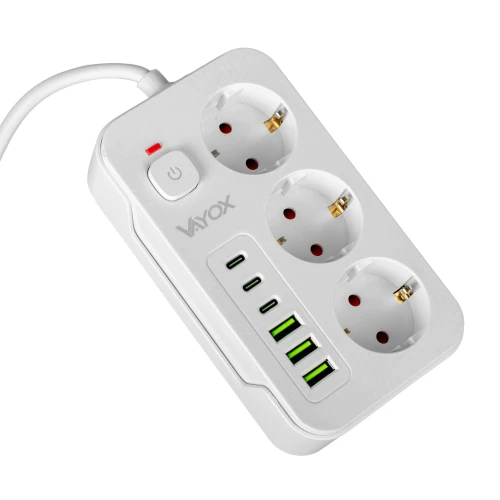 Listwa zasilająca/przedłużacz Vayox VA0468W-5, 3x gniazdo sieciowe Schuko, 3x USB-C, 3x USB-A, wraz z kablem 5m, biała (5/10)