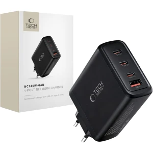 OUTLET: Ładowarka sieciowa GaN 3x USB-C PD, USB-A QC 3.0, 140W, Tech-Protect NC140W, czarna