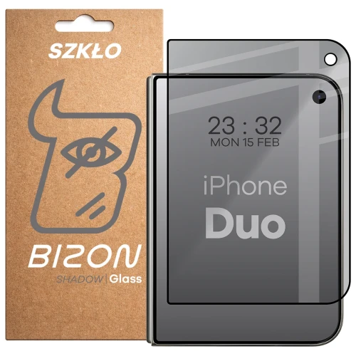 Prywatyzujące szkło hartowane Bizon Glass Edge Shadow do iPhone Duo, przyciemniane z czarną ramką (1/4)