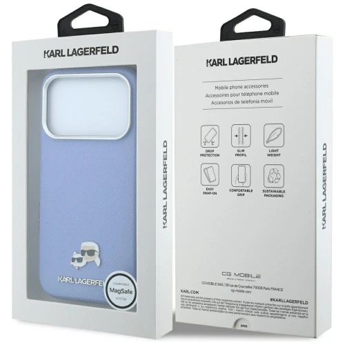 Etui Karl Lagerfeld HardCase Karl and Choupette Head Pin Saffiano do iPhone 18 Pro / 17 Pro do MagSafe, niebieskie