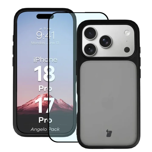 Etui + szkło hartowane Bizon Angelo Pack do iPhone 18 Pro / 17 Pro, przydymione z czarną ramką (1/8)