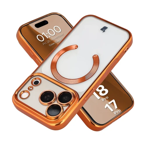 Etui z ochroną aparatu i pierścieniem magnetycznym Bizon Case GuardO do iPhone 18 Pro / 17 Pro, przezroczysto-pomarańczowe (1/5)