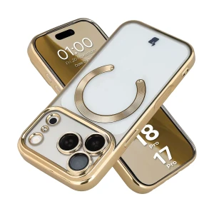 Etui z ochroną aparatu i pierścieniem magnetycznym Bizon Case GuardO do iPhone 18 Pro / 17 Pro, przezroczysto-złote