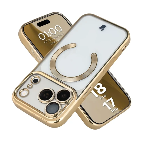 Etui z ochroną aparatu i pierścieniem magnetycznym Bizon Case GuardO do iPhone 18 Pro / 17 Pro, przezroczysto-złote (1/5)