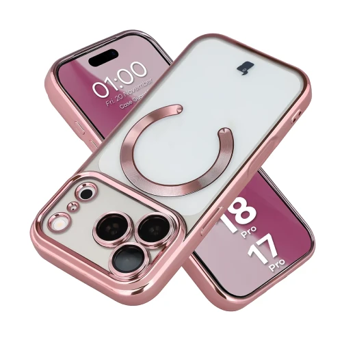 Etui z ochroną aparatu i pierścieniem magnetycznym Bizon Case GuardO do iPhone 18 Pro / 17 Pro, przezroczysto-różowe (1/5)