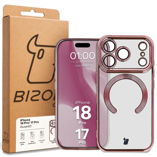 Etui z ochroną aparatu i pierścieniem magnetycznym Bizon Case GuardO do iPhone 18 Pro / 17 Pro, przezroczysto-różowe (5/5)