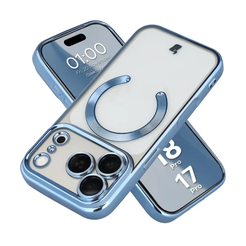 Etui z ochroną aparatu i pierścieniem magnetycznym Bizon Case GuardO do iPhone 18 Pro / 17 Pro, przezroczysto-niebieskie (1/5)