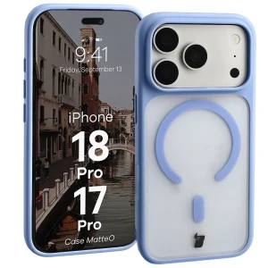 Etui z pierścieniem magnetycznym Bizon Case MatteO do iPhone 18 Pro / 17 Pro, półprzezroczyste z jasnoniebieską ramką