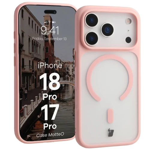 Etui z pierścieniem magnetycznym Bizon Case MatteO do iPhone 18 Pro / 17 Pro, przydymione-jasnoróżowe (1/7)
