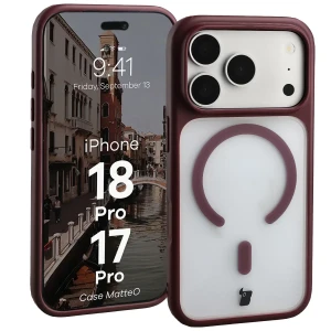 Etui z pierścieniem magnetycznym Bizon Case MatteO do iPhone 18 Pro / 17 Pro, półprzezroczyste z burgundową ramką