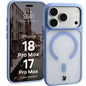 Etui z pierścieniem magnetycznym Bizon Case MatteO do iPhone 18 Pro Max / 17 Pro Max, półprzezroczyste z jasnoniebieską ramką