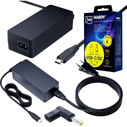 Zasilacz sieciowy USB-C PD 65W, 3mk, DC 5.5×2.5 mm do Lenovo, Asus, Acer, HP, Dell, Toshiba, IBM, Compaq, 3,2 m, czarny (1/8)