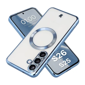 Etui z ochroną aparatu i pierścieniem magnetycznym Bizon Case GuardO do Galaxy S26 FE / S25 FE, przezroczysto-niebieskie