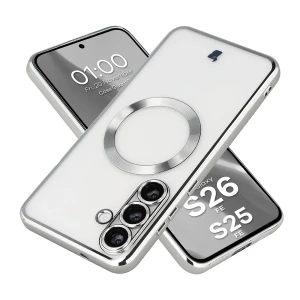 Etui z ochroną aparatu i pierścieniem magnetycznym Bizon Case GuardO do Galaxy S26 FE / S25 FE, przezroczysto-srebrne