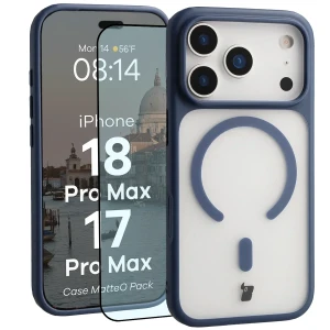 Etui z pierścieniem magnetycznym + szkło hartowane Bizon MatteO Pack do iPhone 18 Pro Max / 17 Pro Max, przydymione-granatowe