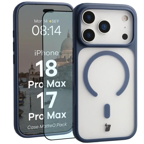 Etui z pierścieniem magnetycznym + szkło hartowane Bizon MatteO Pack do iPhone 18 Pro Max / 17 Pro Max, przydymione-granatowe (1/9)