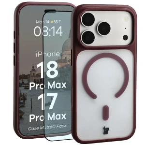 Etui z pierścieniem magnetycznym + szkło hartowane Bizon MatteO Pack do iPhone 18 Pro Max / 17 Pro Max, półprzezroczyste z burgundową ramką