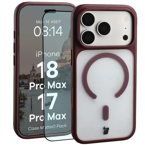 Etui z pierścieniem magnetycznym + szkło hartowane Bizon MatteO Pack do iPhone 18 Pro Max / 17 Pro Max, półprzezroczyste z burgundową ramką (1/9)