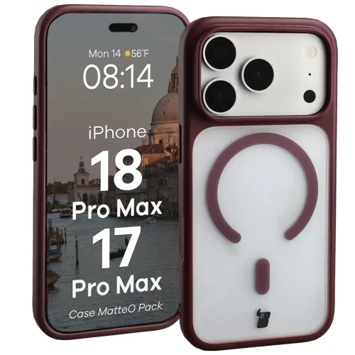 Etui z pierścieniem magnetycznym + szkło hartowane Bizon MatteO Pack do iPhone 18 Pro Max / 17 Pro Max, półprzezroczyste z burgundową ramką (3/9)