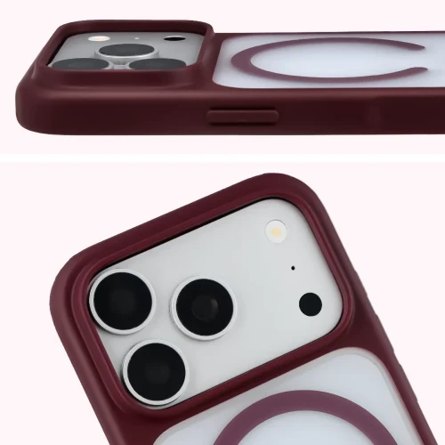Etui z pierścieniem magnetycznym + szkło hartowane Bizon MatteO Pack do iPhone 18 Pro Max / 17 Pro Max, półprzezroczyste z burgundową ramką (5/9)