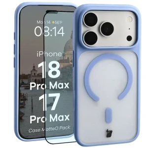 Etui z pierścieniem magnetycznym + szkło hartowane Bizon MatteO Pack do iPhone 18 Pro Max / 17 Pro Max, półprzezroczyste z jasnoniebieską ramką