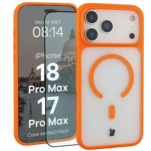 Etui z pierścieniem magnetycznym + szkło hartowane Bizon MatteO Pack do iPhone 18 Pro Max / 17 Pro Max, przydymione-pomarańczowe (1/9)