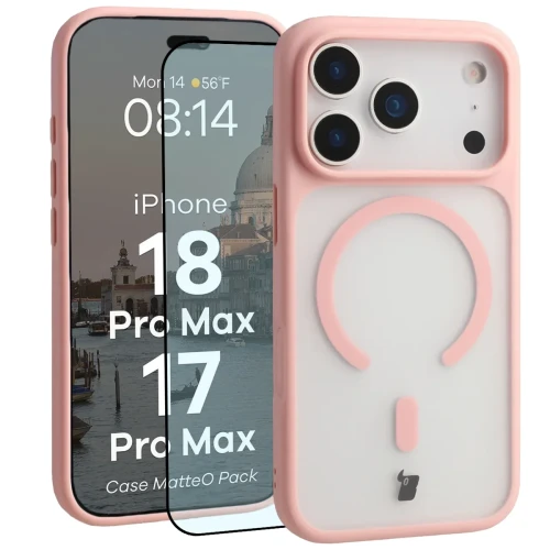 Etui z pierścieniem magnetycznym + szkło hartowane Bizon MatteO Pack do iPhone 18 Pro Max / 17 Pro Max, przydymione-jasnoróżowe (1/9)
