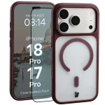 Etui z pierścieniem magnetycznym + szkło hartowane Bizon MatteO Pack do iPhone 18 Pro / 17 Pro, półprzezroczyste z burgundową ramką
