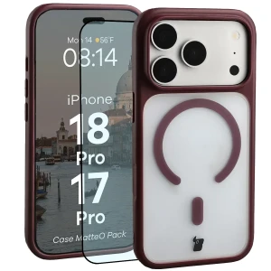 Etui z pierścieniem magnetycznym + szkło hartowane Bizon MatteO Pack do iPhone 18 Pro / 17 Pro, półprzezroczyste z burgundową ramką