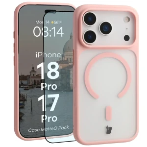 Etui z pierścieniem magnetycznym + szkło hartowane Bizon MatteO Pack do iPhone 18 Pro / 17 Pro, przydymione-jasnoróżowe