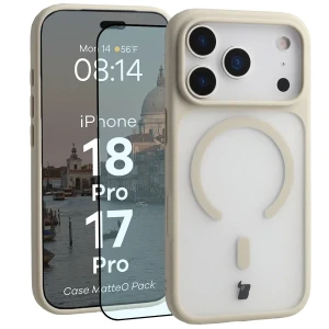Etui z pierścieniem magnetycznym + szkło hartowane Bizon MatteO Pack do iPhone 18 Pro / 17 Pro, przydymione-beżowe